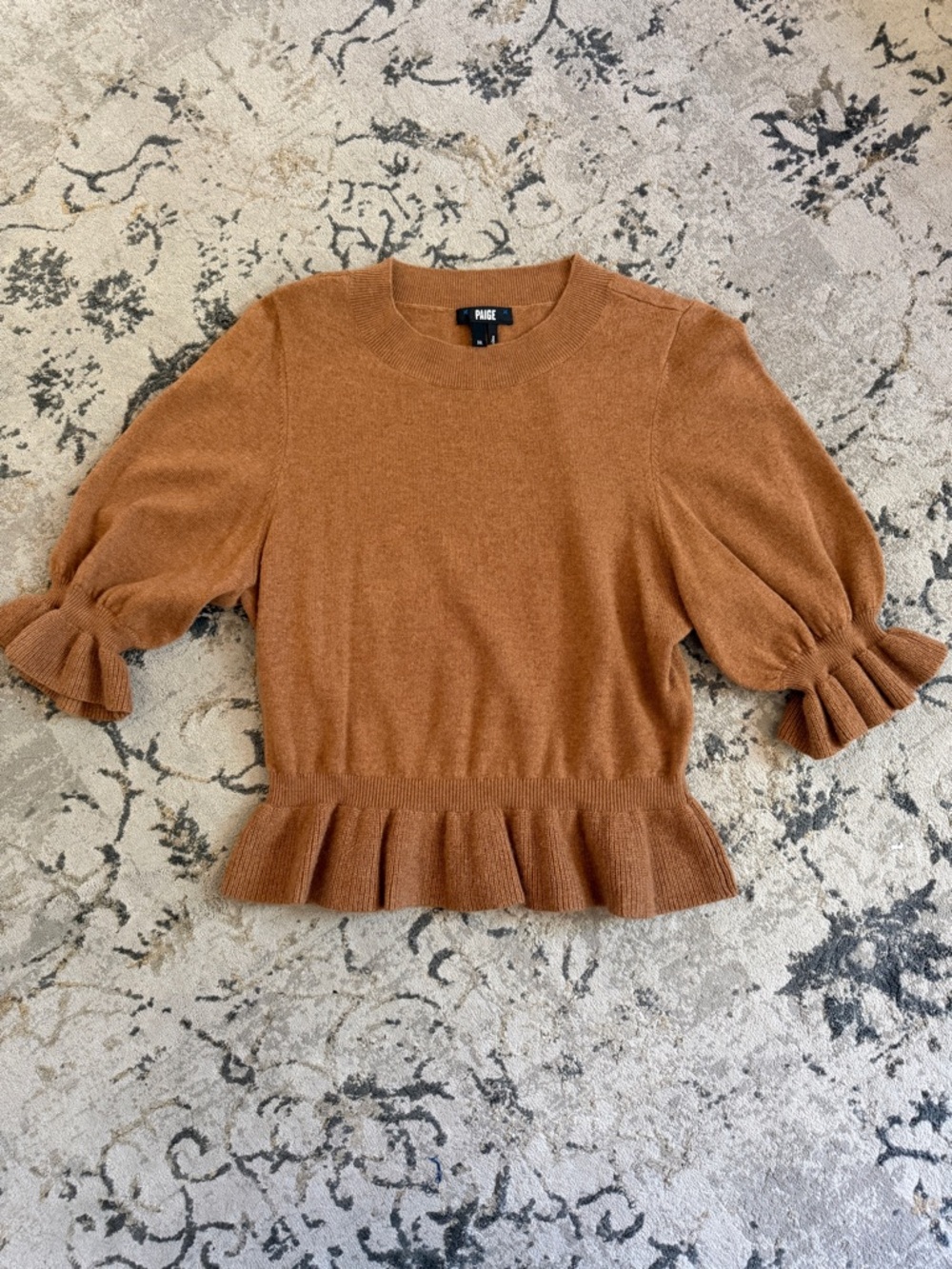 PAIGE Rust Brown Ruffled Hem & Puff Sleeve Crewneck Sweater